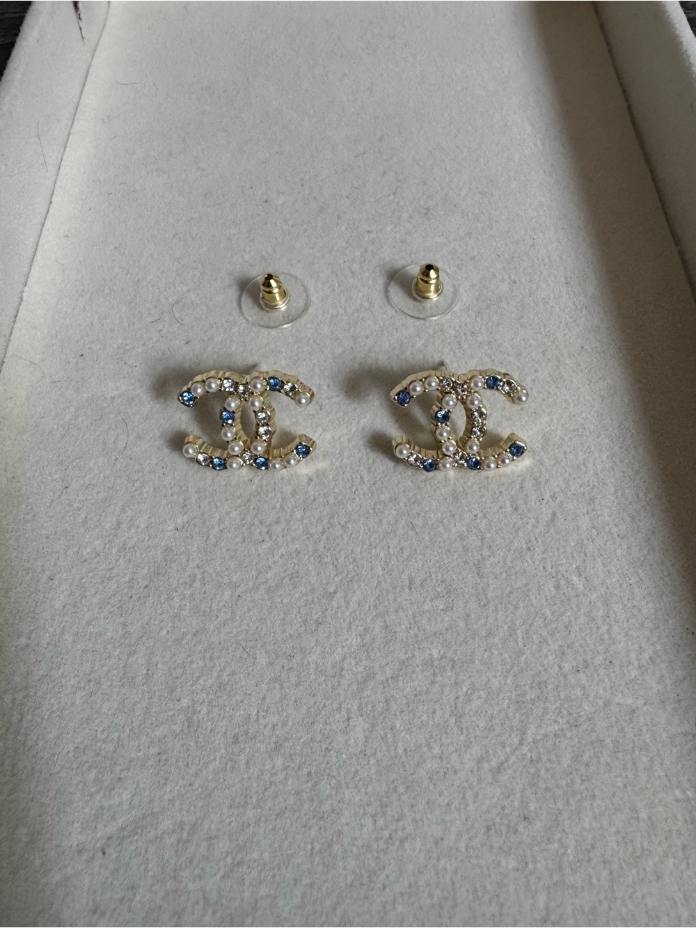 Blue diamond, gold, & pearled earrings